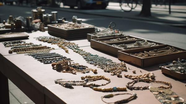 display of finished jewelry pieces on a cloth spread out on the sidewalk