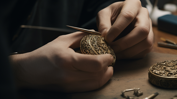 An artisan meticulously crafting a modern jewellery piece, surrounded by their tools and materials
