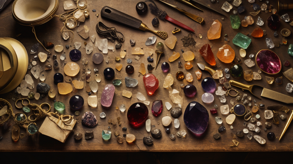 A collage depicting the process of gemstone trade from mining to jewelry making.
