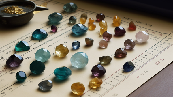 A diverse collection of gemstones alongside gemologist's tools, representing the various factors that determine a gemstone's identity.