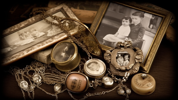 Vintage heirloom jewellery pieces, including a locket, signet ring, and pearl necklace, set against a backdrop of old family photos and a handwritten letter, representing the sentimental value and family legacy associated with heirloom jewellery.