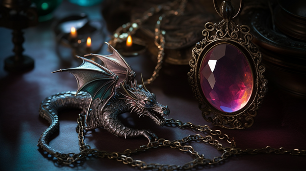 Fantasy-themed dragon pendant against a colorful, whimsical backdrop