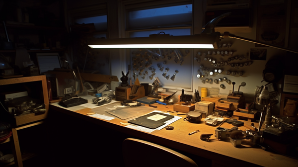 Bright fluorescent tube lights suspended above a clean watchmaker's workbench, providing ample light for precise work