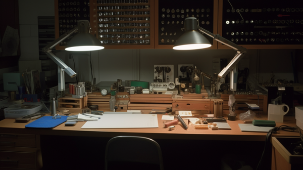 A well-lit watchmaker's workshop illuminated by energy-efficient fluorescent tubes