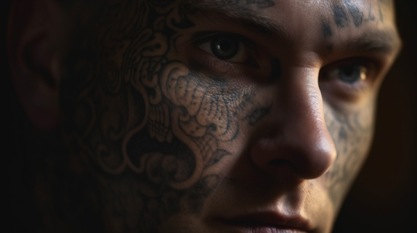 Close-up of an individual undergoing personal transformation through skin coloring or tattooing, emphasizing the detail and intricacy of the process.