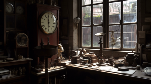 View from outside a horologist's workshop through a north-facing window, showing the subdued natural light typical of a day in Britain.
