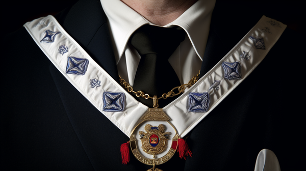 A meticulously crafted collar of state from a fraternal organization, symbolizing the wearer's rank and responsibilities within the organization.