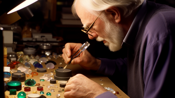 A focused gemmologist studying a variety of gemstones.