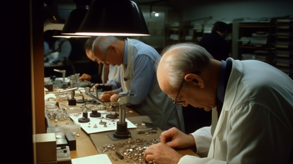 gemmologists at work, examining gemstones with magnifying tools or microscopes