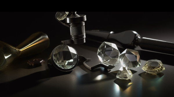 Key gemmology tools including a loupe, microscope, and refractometer displayed on a flat surface.