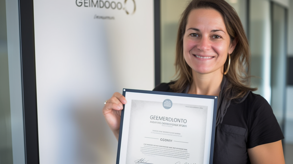A certified gemologist proudly displaying their professional credential.