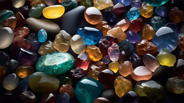 Close-up of diverse raw gemstones in their natural form.