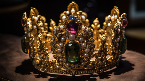 Historical artifact - a crown adorned with a variety of gemstones.