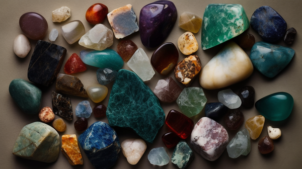 range of diverse gemstones, raw and cut, laid out on a neutral background