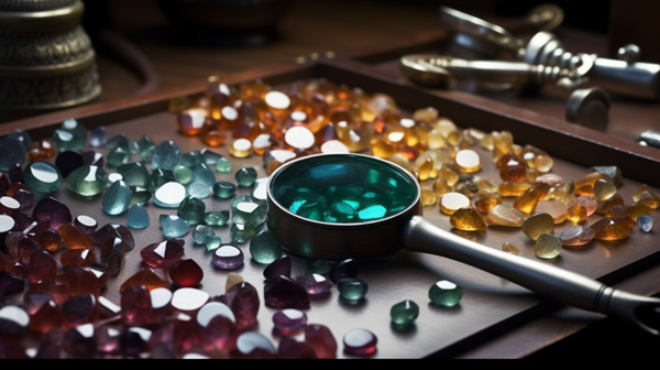 Array of gemstones in a jewelry store with gemologist's tools.