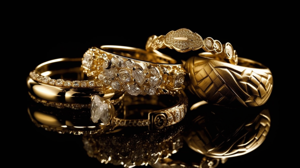 A diverse collection of gold and diamond jewellery, including rings, bracelets, necklaces, and earrings, displayed on a classy, neutral background, symbolizing wealth and investment potential.