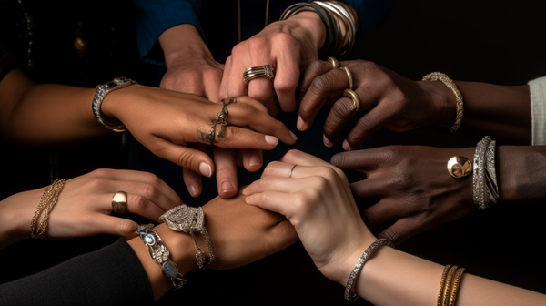 A group of individuals showing off their similar jewelry pieces, symbolizing their shared group affiliation.
