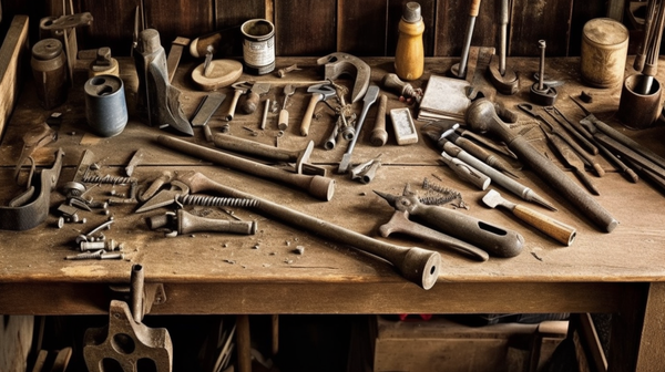 variety of hand tools such as hammers, pliers, files, saws, and soldering irons on a wooden workbench
