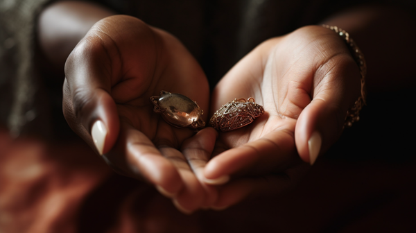 Close-up of hands holding a piece of heirloom jewellery, representing the emotional and sentimental value associated with these cherished items.