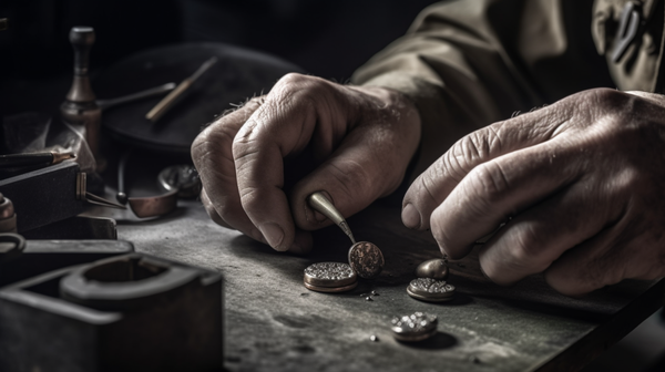 Hands of a jeweler meticulously setting a polished stone into a metal piece, showcasing precision and craftsmanship.