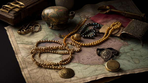 A variety of historical jewelry pieces artfully arranged on a faded map, each representing a unique cultural tradition of body adornment.