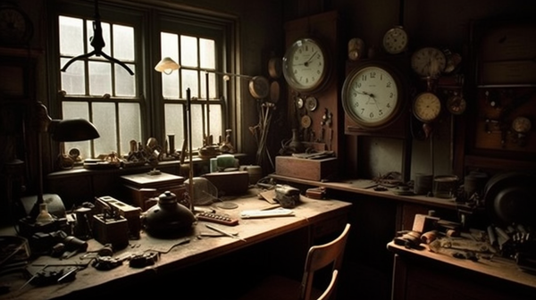 Vintage horologist's workshop bathed in natural light, showcasing antique watchmaking tools