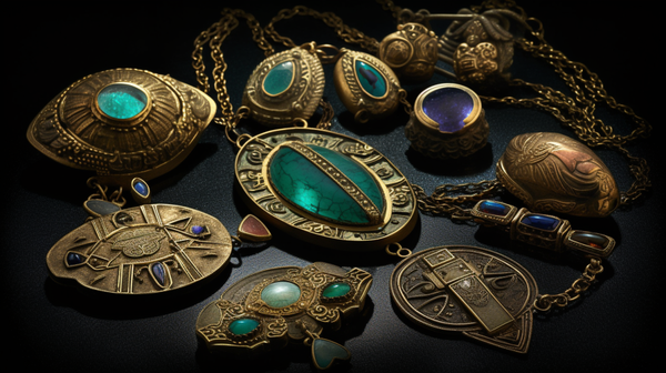 A collection of historical jewelry pieces including Egyptian scarab amulets and Viking runic talismans on a velvet backdrop
