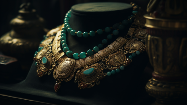 A dramatic shot of ancient jewellery, representing different cultures, beautifully showcased under atmospheric lighting.