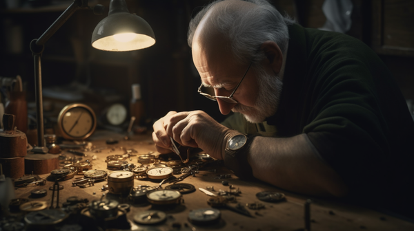 A focused horologist working in an efficiently arranged workshop.