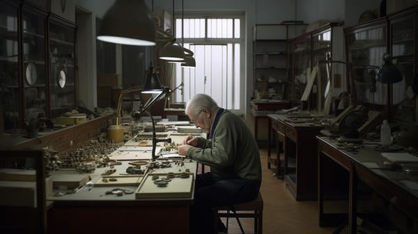 A horologist at work at a bench in front of a large window in a spacious, well-organized workshop.