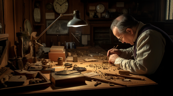A horologist engaged in intricate work at a traditional wooden and glass workshop, bathed in natural light.