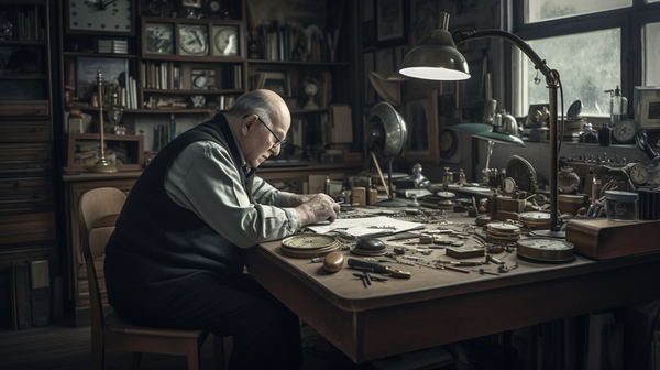 Focused horologist at work in a well-designed, congenial and comfortable workshop.