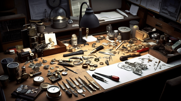 A modern, well-organized horology workshop bathed in natural light, with a horologist at work.
