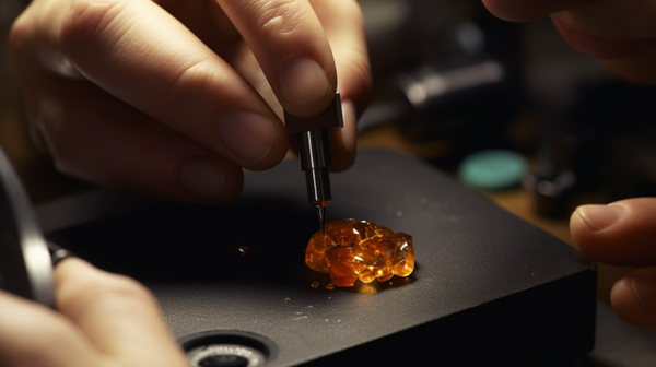 A gemmologist using specialized tools to examine a gemstone, demonstrating the process of ensuring gemstone authenticity.