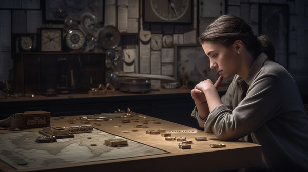 An aspiring horologist contemplating blueprints and a model of a workshop, representing the challenge of high building costs.