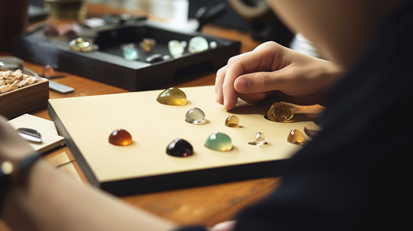 An informed consumer examining a piece of gemstone jewelry with a jeweler's loupe.