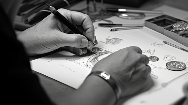 An artist's hands working on a jewelry design sketch, surrounded by design tools, with a background featuring examples of innovative jewelry pieces.