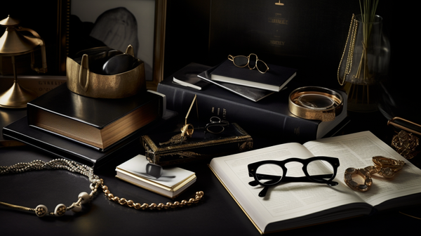 A curated collection of refined jewelry placed on a study desk, symbolizing intellectual influence in jewelry choices.