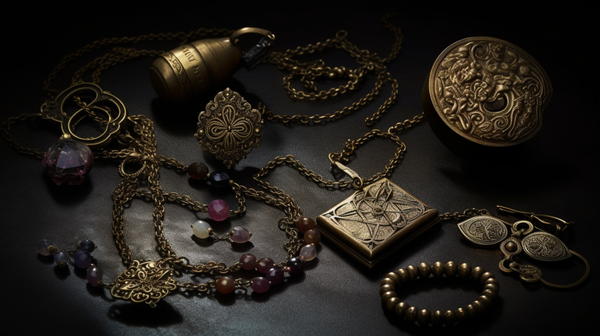 Assortment of historic jewelry pieces with mysterious symbols, displayed on a dark background.