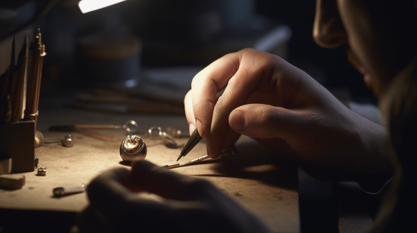 Jeweler in the process of crafting a symbolic piece of jewelry with a focus on the detailed work.