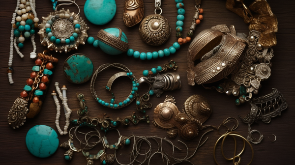 A flat lay of diverse cultural jewellery, including Native American turquoise, Indian Kundan necklace, African beadwork, Japanese kanzashi, and Scandinavian silver brooch, showing the wide range of styles and materials used around the world.