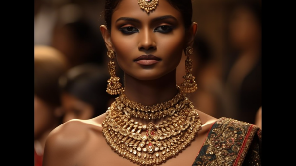 Model strutting down the runway wearing striking jewellery pieces that complement her high-fashion attire, emphasizing the importance of jewellery in the fashion industry.