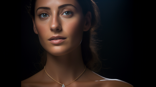 Close-up of a woman elegantly wearing a pendant necklace, highlighting her neckline.