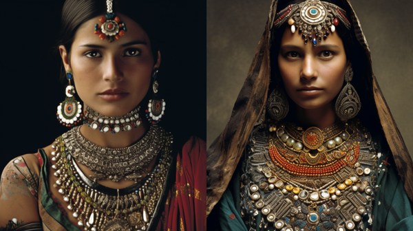 Before-and-after images of a person wearing traditional jewelry from their original culture and popular jewelry from a new society, demonstrating the role of jewelry in cultural assimilation.