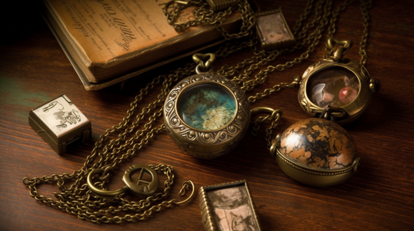 Collection of jewelry pieces with coded messages and hidden compartments placed on antique parchment.