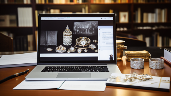 Jewelry reference books, online resources on a computer screen, and an expert examining a symbolic jewelry piece, illustrating the process of deciphering jewelry symbolism.