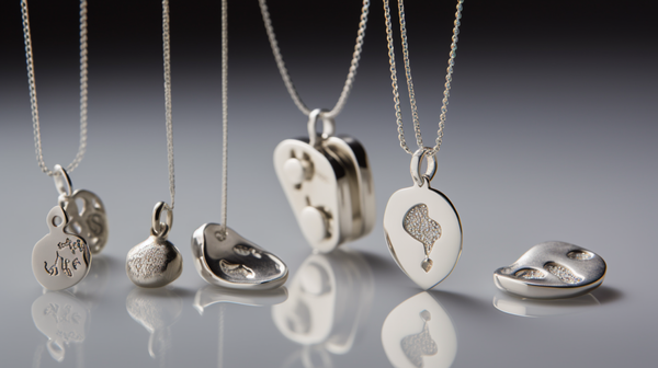 A range of jewellery pieces signifying important life events, including a pendant with a baby’s footprint for birth, a graduation cap charm for academic achievements, and a pair of intertwined wedding rings for marriage.