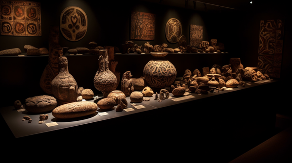 A display of recreated ancient ornaments including shell beads, bone pendants, and bracelets, inspired by those depicted in ancient cave drawings.
