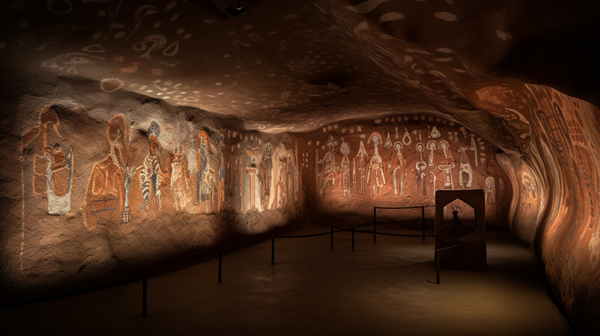 Detailed view of ancient cave paintings, showing human figures with adornments, representing the early stages of personal decoration in human history.