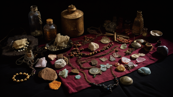  A diverse collection of amulets used in different magic ceremonies, laid out on a dark backdrop. Each piece holds its own unique charm and intricacies, symbolizing a variety of cultural beliefs and rituals.